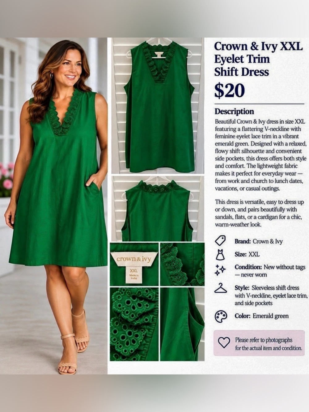Crown & Ivy Eyelet Trim Shift Dress Green XXL